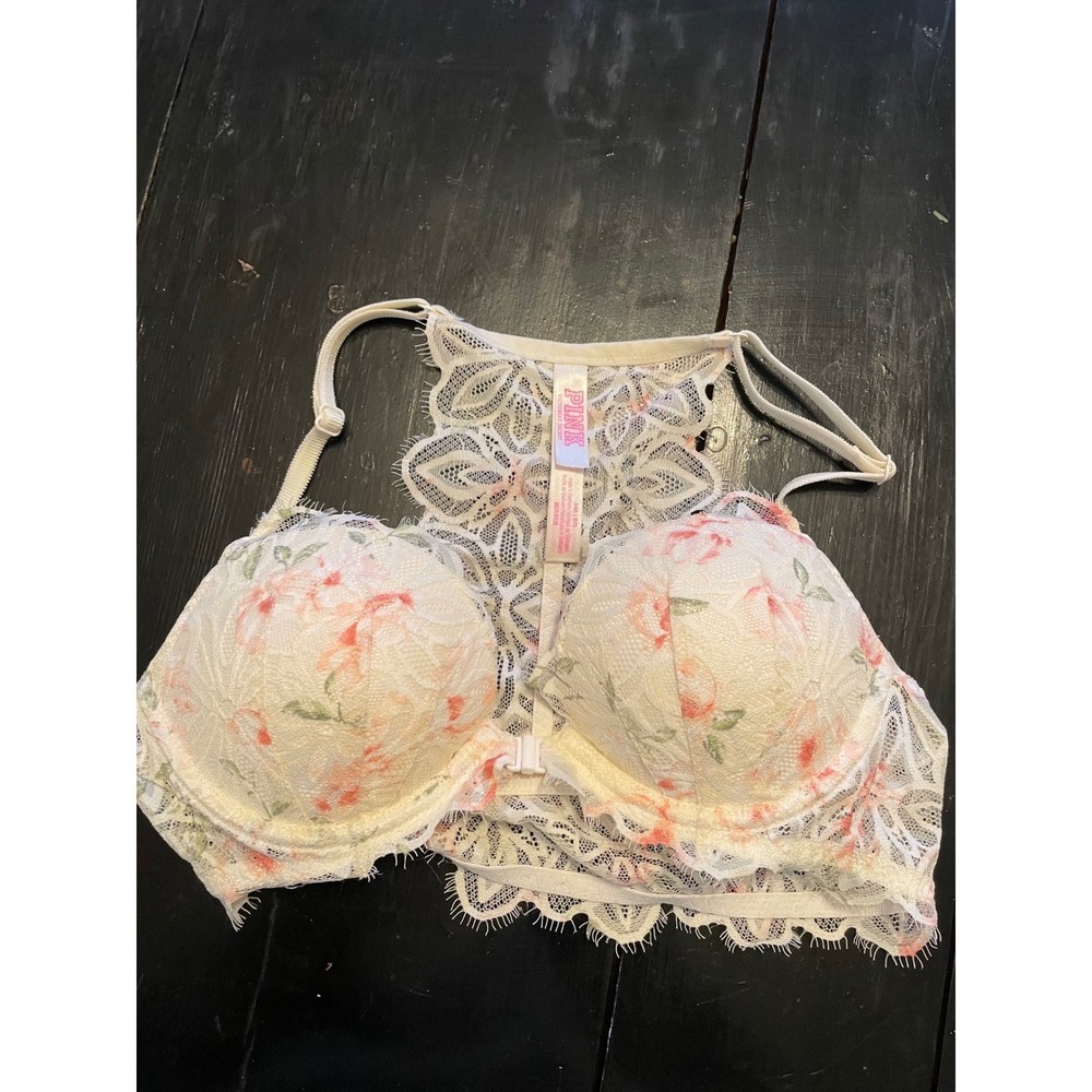 PINK by Victoria's Secret Floral Lace Push-Up Bra White Green Adjustable Straps